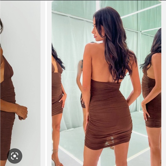 AU 10, US 6 - Beginning Boutique Brown Ruched Constance Mini Dress - Picture 3 of 8